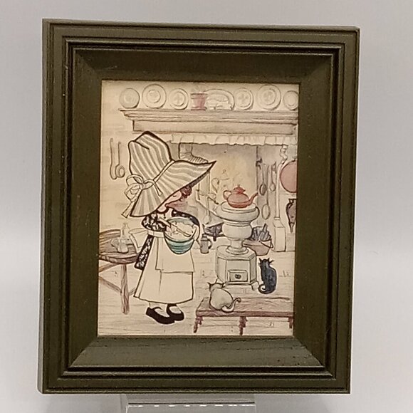 Other - Blue Stripe BONNET GIRL Print Country Little Blessed Kitchen Cats 6.25x5.25"